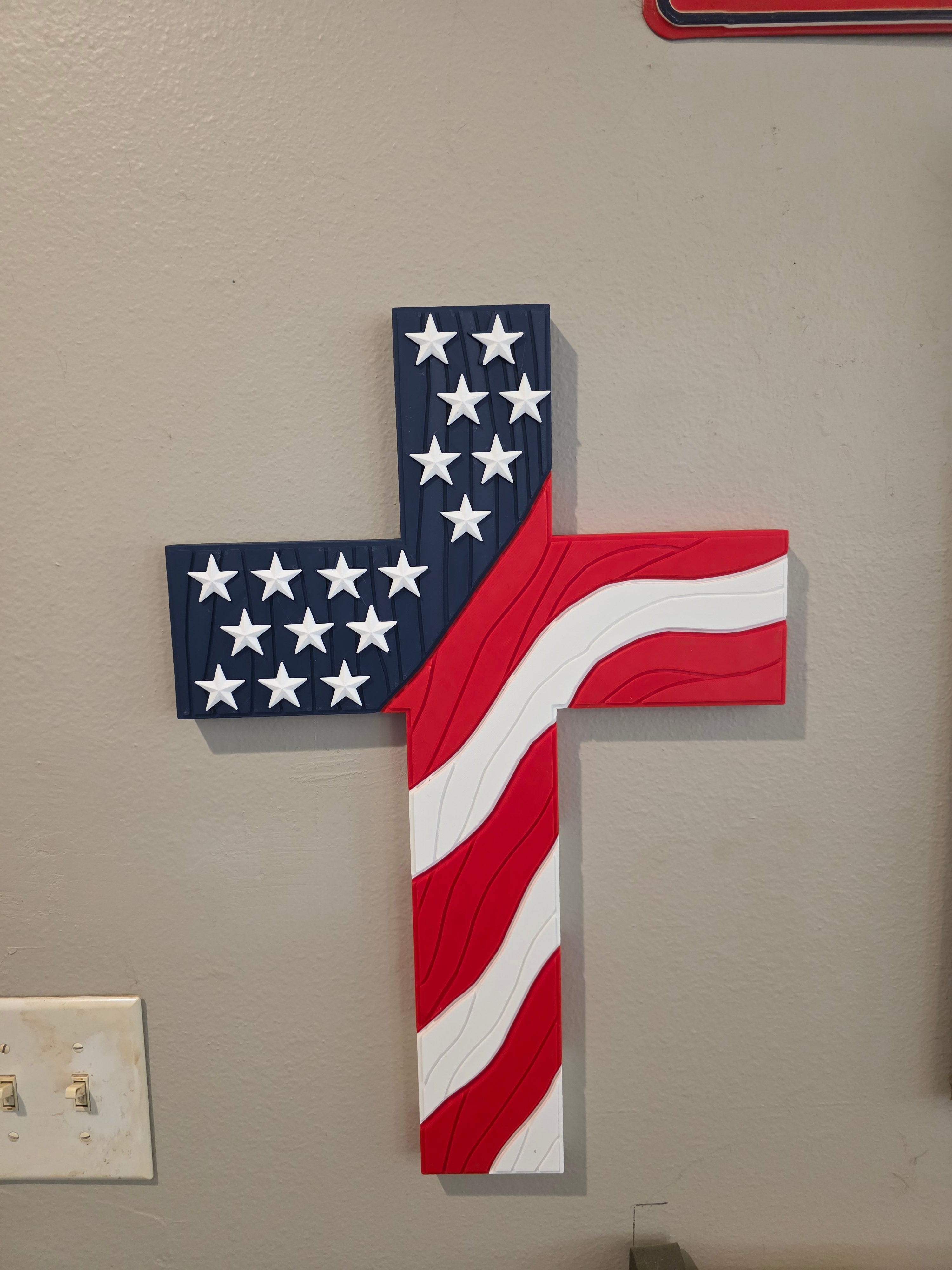 20" American flag cross with wood grain, W/STAND AND WALL MOUNT